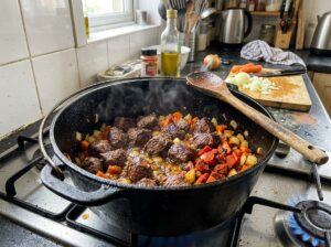 Obsmażanie kawałków wołowiny z marchewką i cebulą w żeliwnym garnku