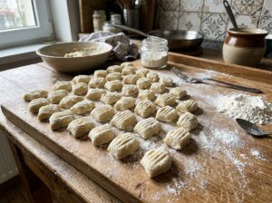 Uformowane domowe kopytki z odciskami widelca na oprószonej mąką desce kuchennej