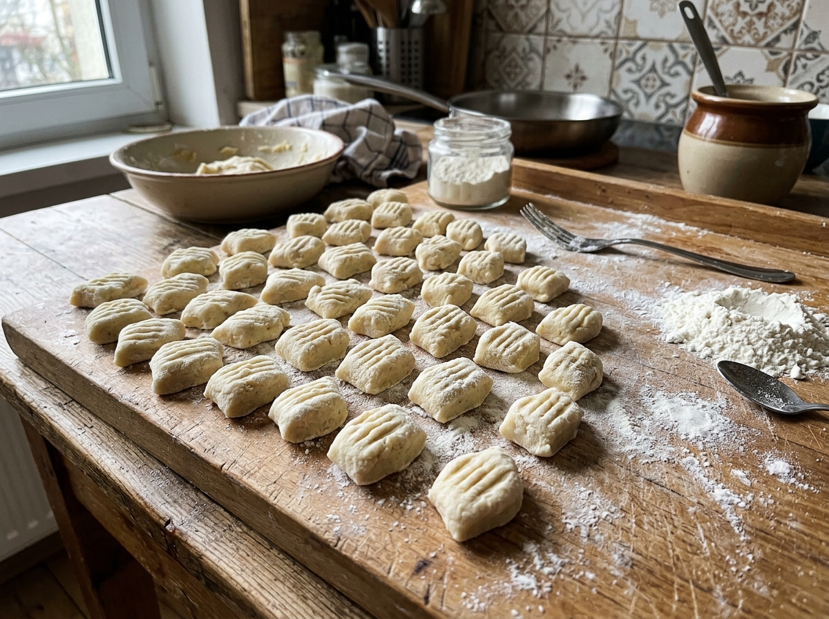 Uformowane domowe kopytki z odciskami widelca na oprószonej mąką desce kuchennej