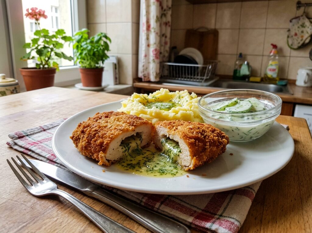 Chrupiący przekrojony kotlet De Volaille z gorącym wypływającym masłem koperkowym na talerzu z purée i mizerią