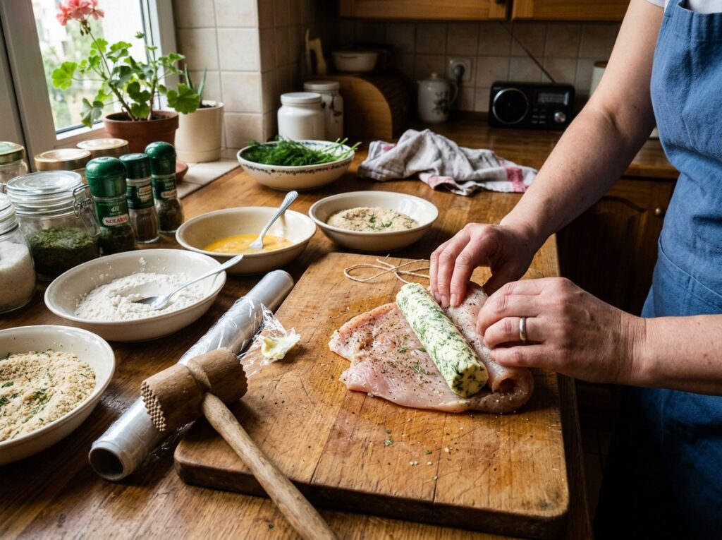 Formowanie kotleta De Volaille na desce z wałeczkiem schłodzonego masła z koperkiem i miskami do panierowania