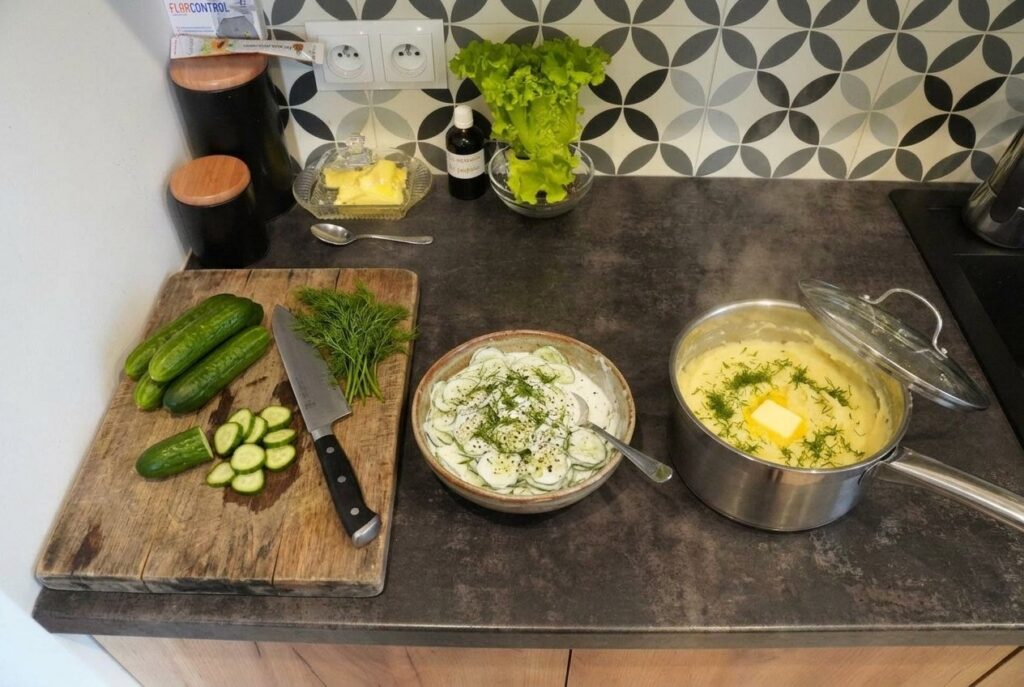 Blat kuchenny z garnkiem parującego purée z koperkiem i roztopionym masłem oraz miską chrupiącej mizerii ze śmietaną