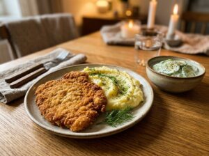 Tradycyjny złocisty kotlet schabowy smażony na smalcu podany z aksamitnym purée z koperkiem i mizerią ze śmietaną