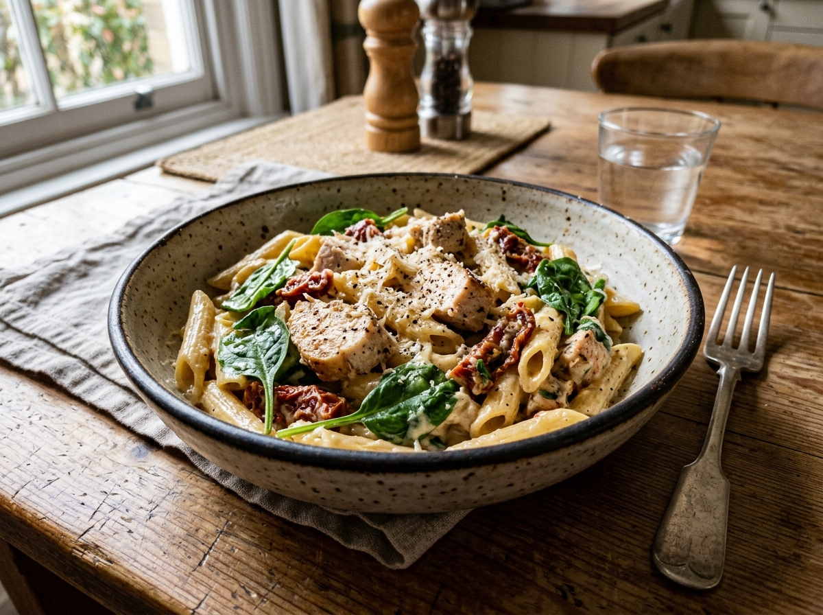 Miska kremowego makaronu penne z kurczakiem suszonymi pomidorami szpinakiem i parmezanem