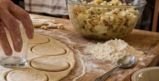 Domowy farsz do pierogów ruskich w szklanej misce obok mąki na drewnianej stolnicy