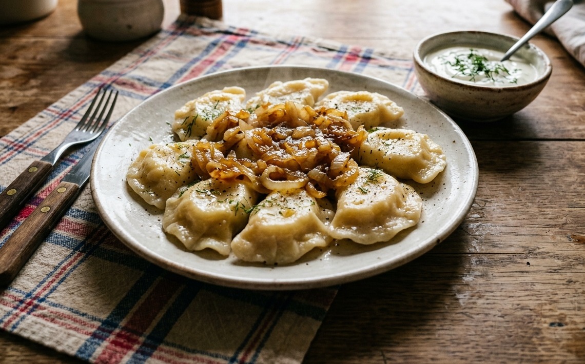 Talerz pierogów ruskich ze śmietaną na domowym stole